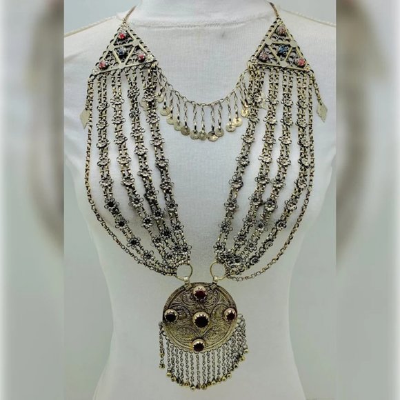Tribal Ethnic Silver Kuchi Multilayer Necklace With Big Pendant, Handmade Pure - Picture 1 of 13